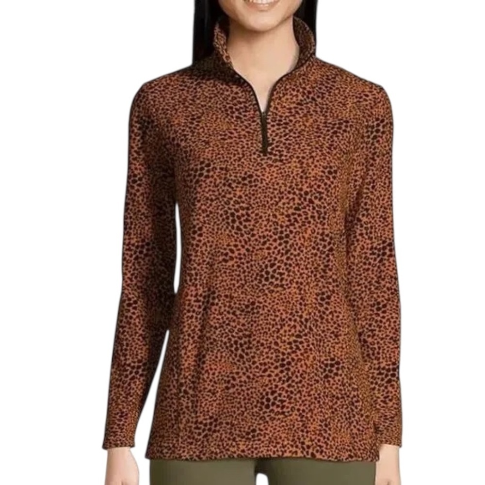 Lands' End Fleece Pullover Burnt Carmel Leopard Print